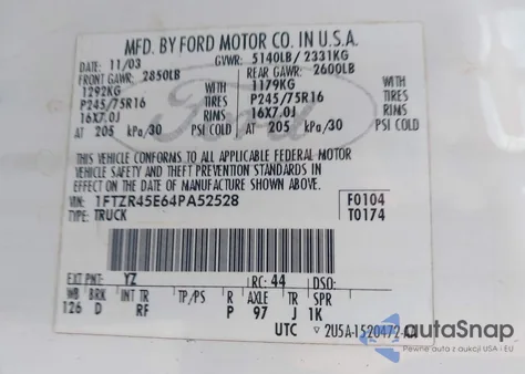 2004 Ford Ranger Edge/Tremor/Xlt из США, поврежденный, VIN 1FTZR45E64PA52528